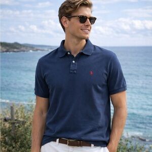 Polo Ralph Lauren Polo Shirt Mens 2XB Navy Blue Red Logo Short Sleeve Cotton
